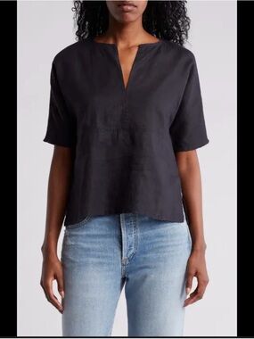 James Perse Black Linen Split V-Neck Short Sleeve Top | Size 0